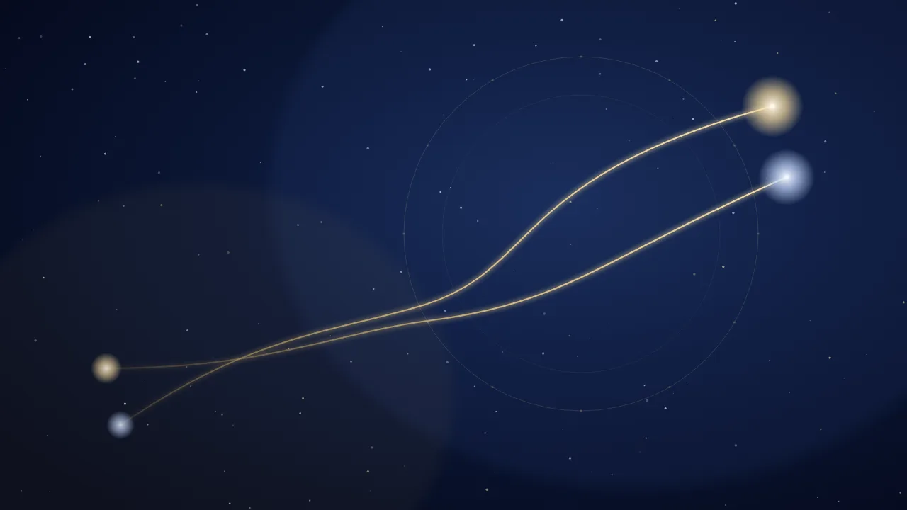 星空に伸びる2本の光の軌道のイメージ